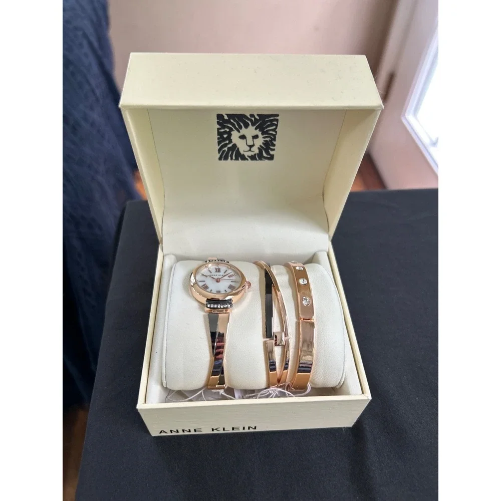 Anne Klein AK/2245GYST Rose Gold Gunmetal Crystal Watch Bracelet Set NWT Box